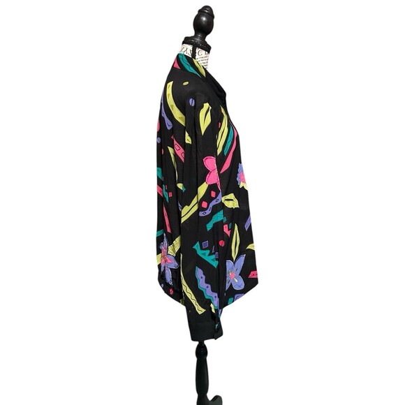 Vintage 90s Y2K Black Sheer Zip Up Blouse Jacket Neon Pink Blue Flowers Floral - Picture 3 of 7